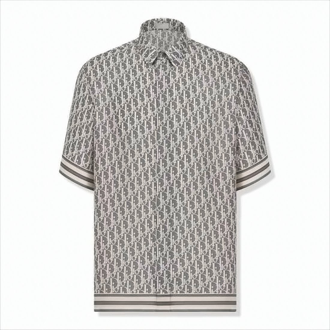 Short-Sleeved Shirt with All-Over Logo Pattern and Contrast Stripes