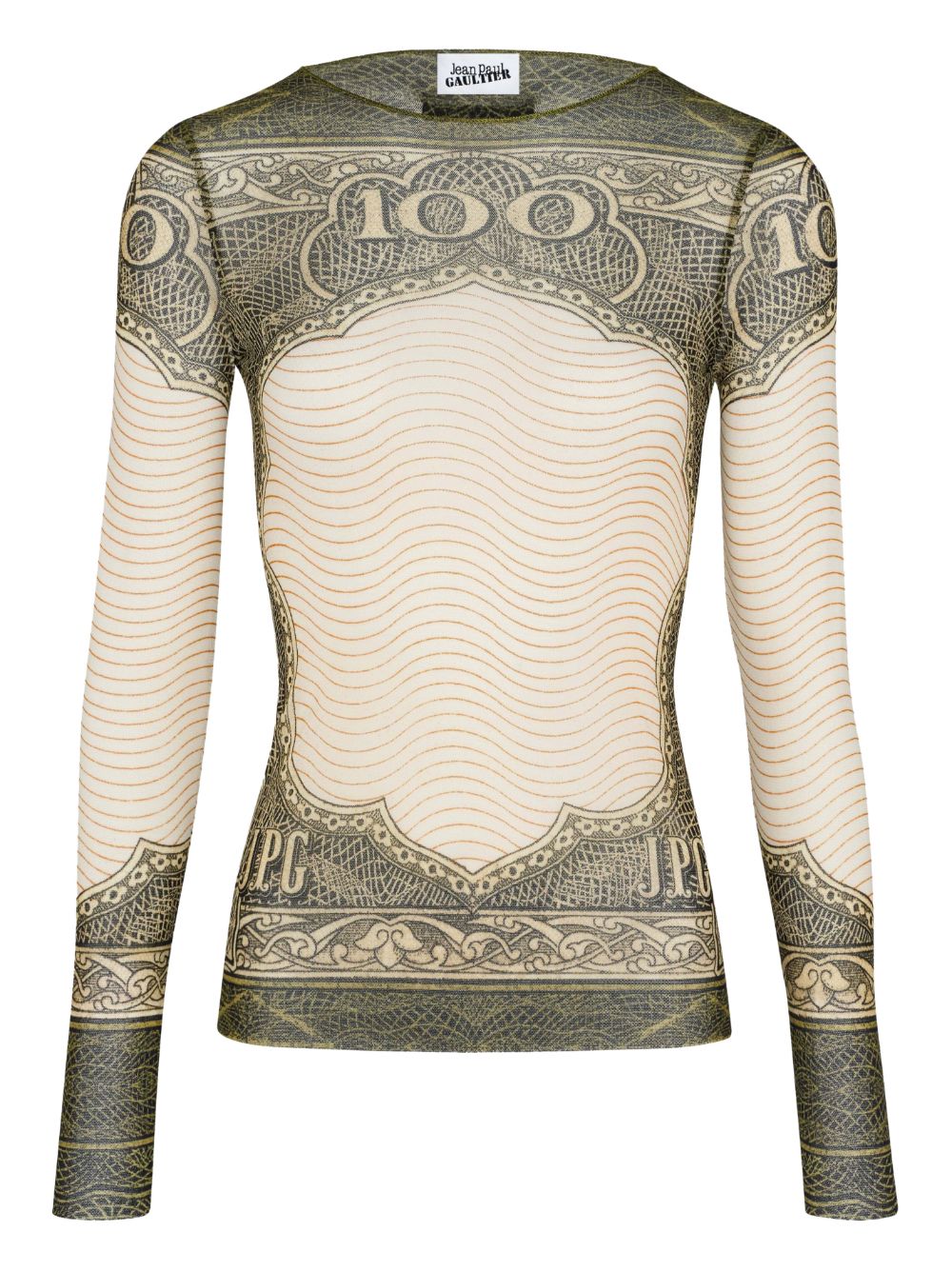 Long-Sleeved Sheer Top With Vintage Currency Print