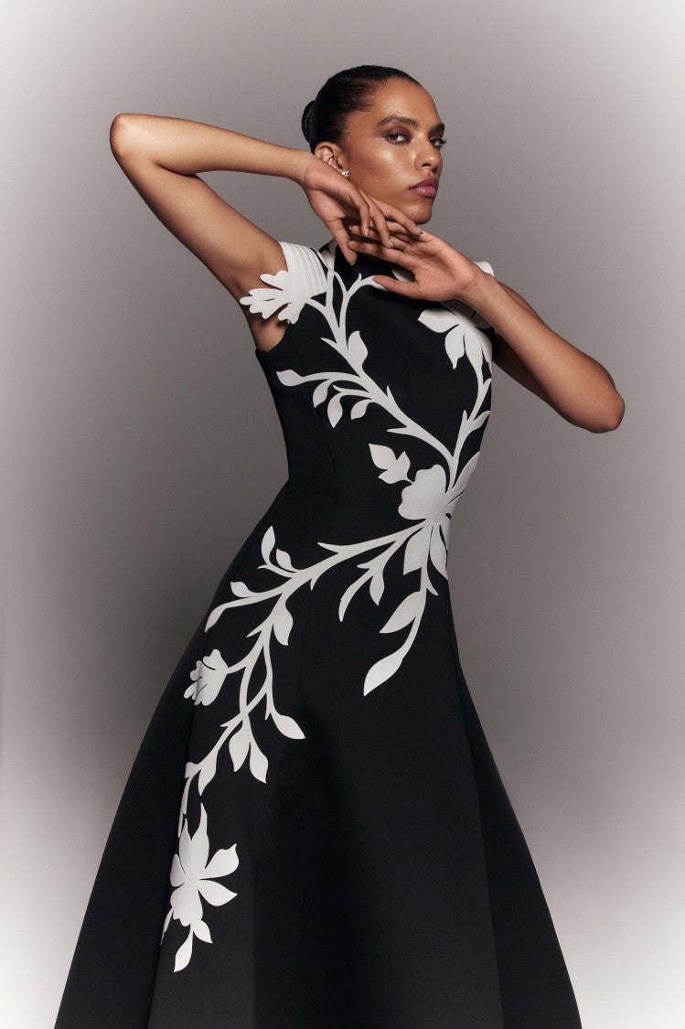 Neoprene Dress With Floral  Embroidery