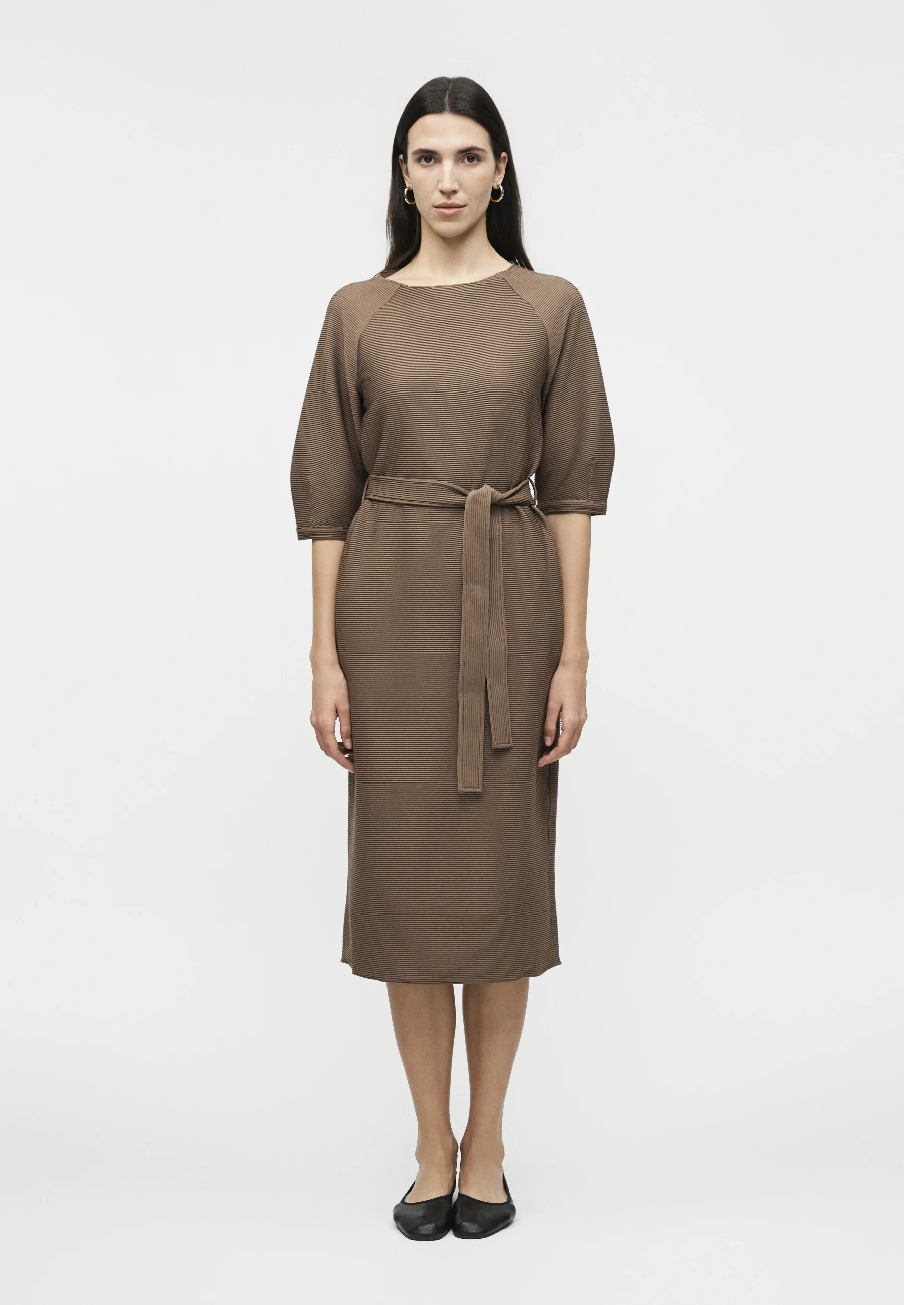 Knee-Length Dress with Elbow-Length Sleeves and Ribbed Texture