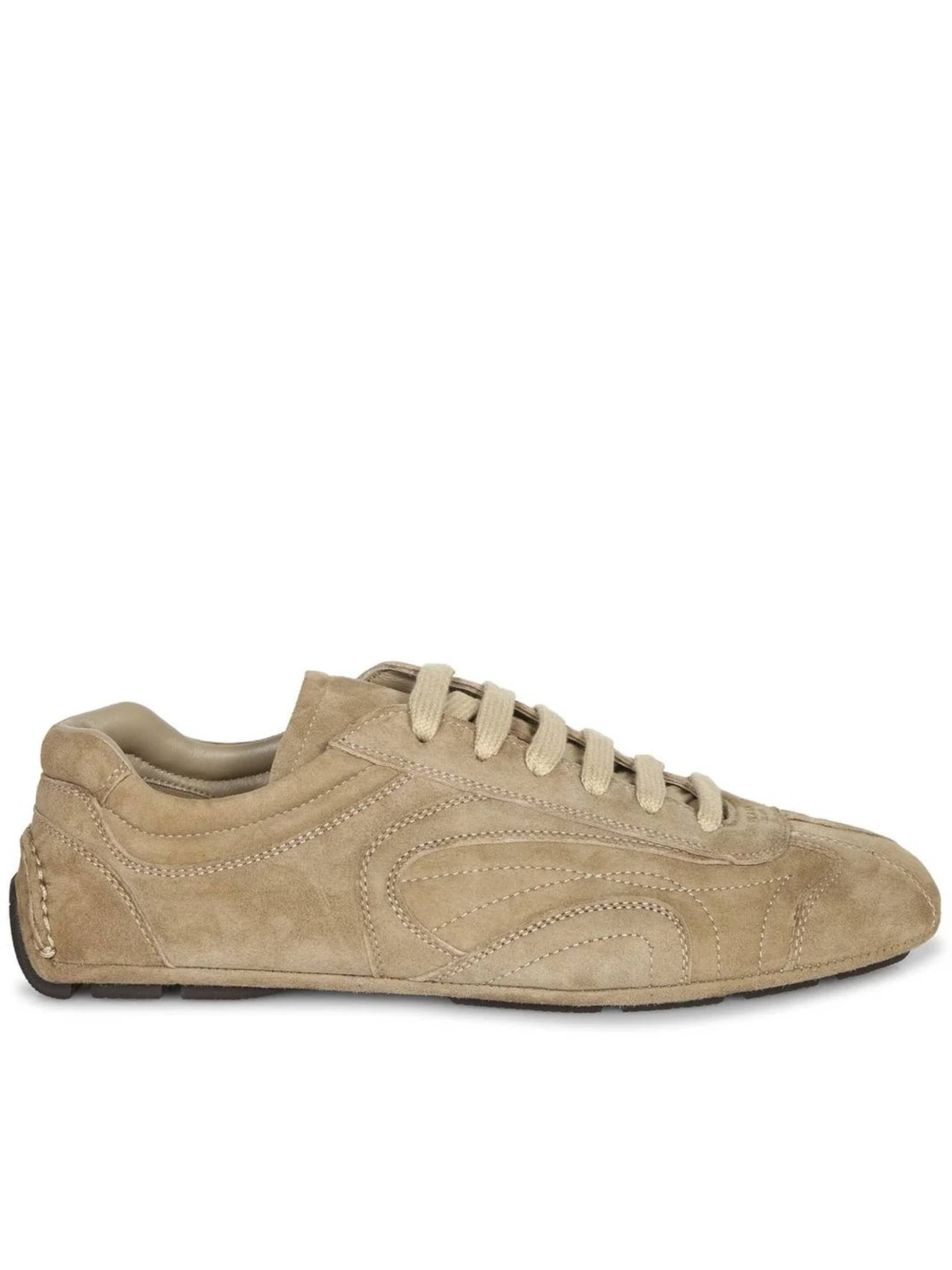 Low-Profile Brown Suede Sneakers with Intricate Stitching
