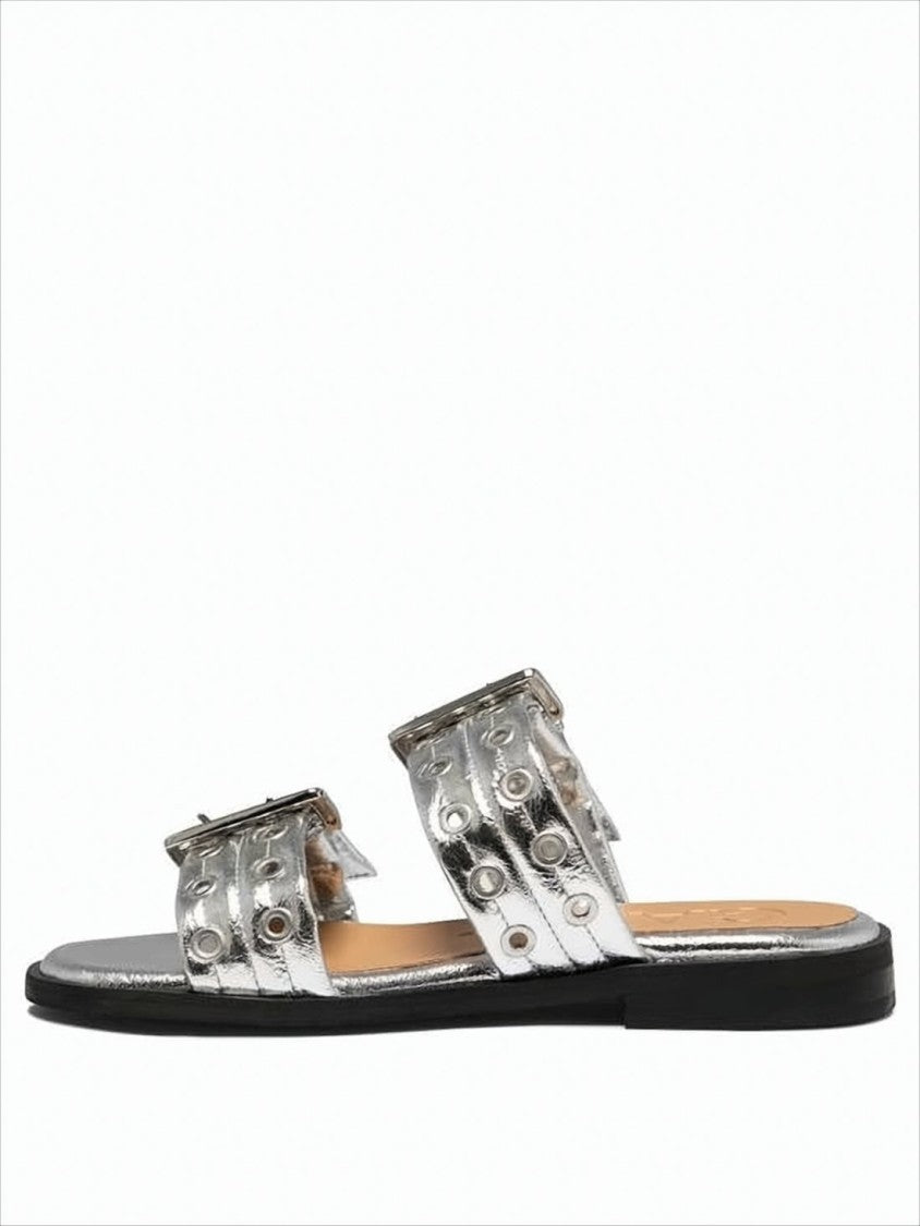 Metallic Silver Flat Mules With Wide Straps And Buckle Accents