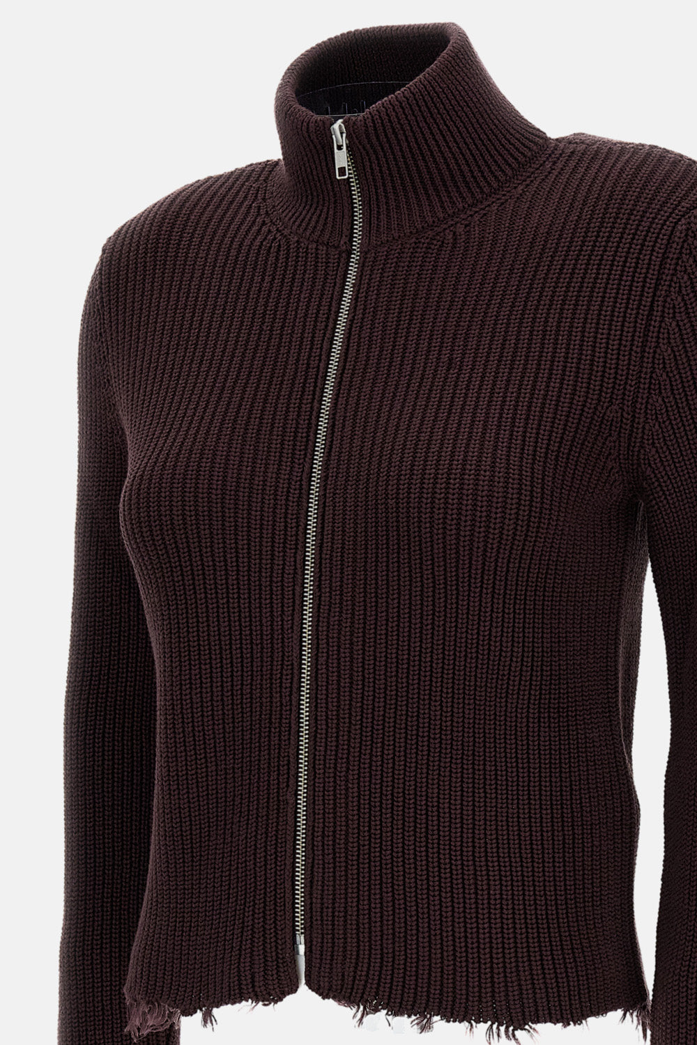 Cropped Ribbed Knit Cardigan with High Neck Design
