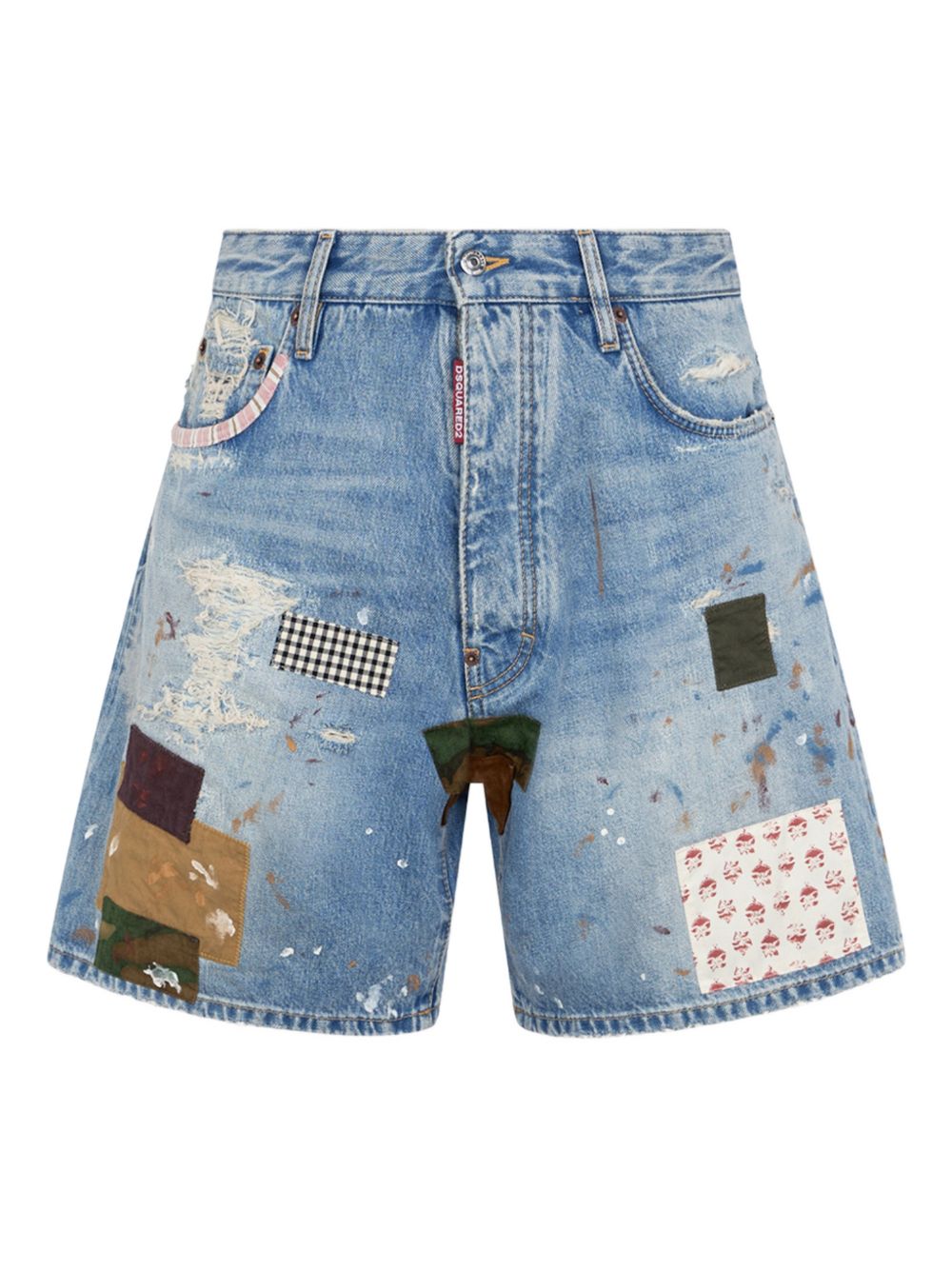 Patchwork Paint-Splatter Denim Shorts