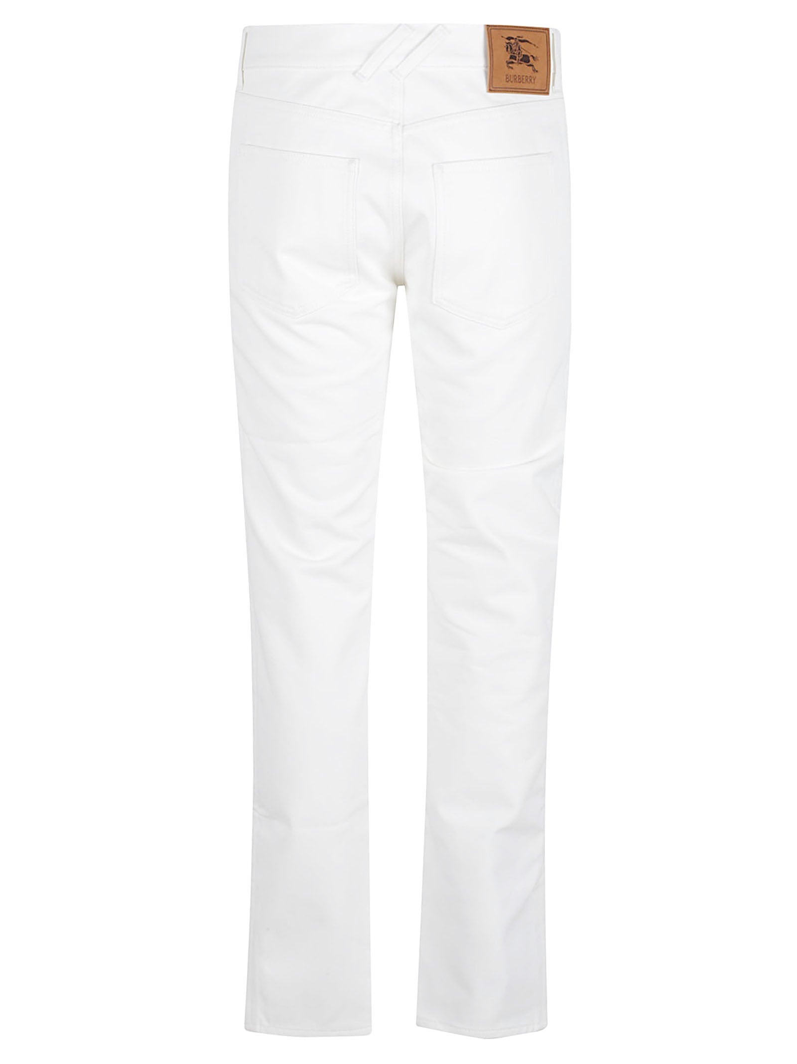 Straight-Leg White Jeans with Five-Pocket Design and Leather Patch