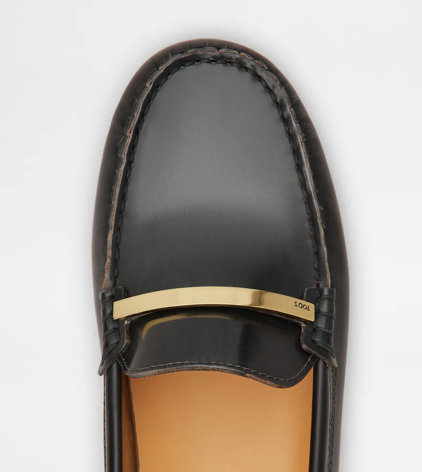 Polished Calfskin Moccasins With Metallic Bar Accent