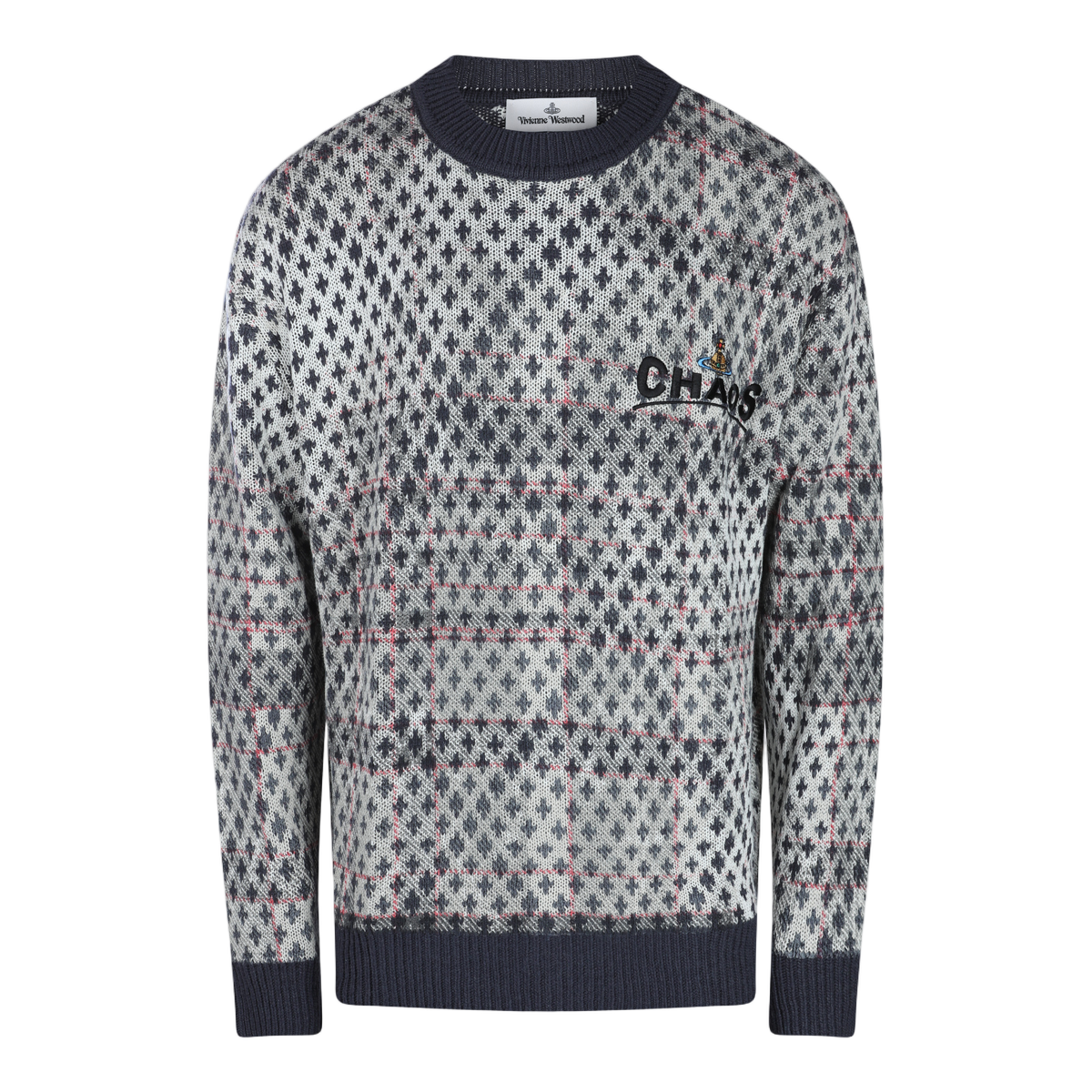 Patterned Grey Knit Sweater with Embroidered 'CHAOS'