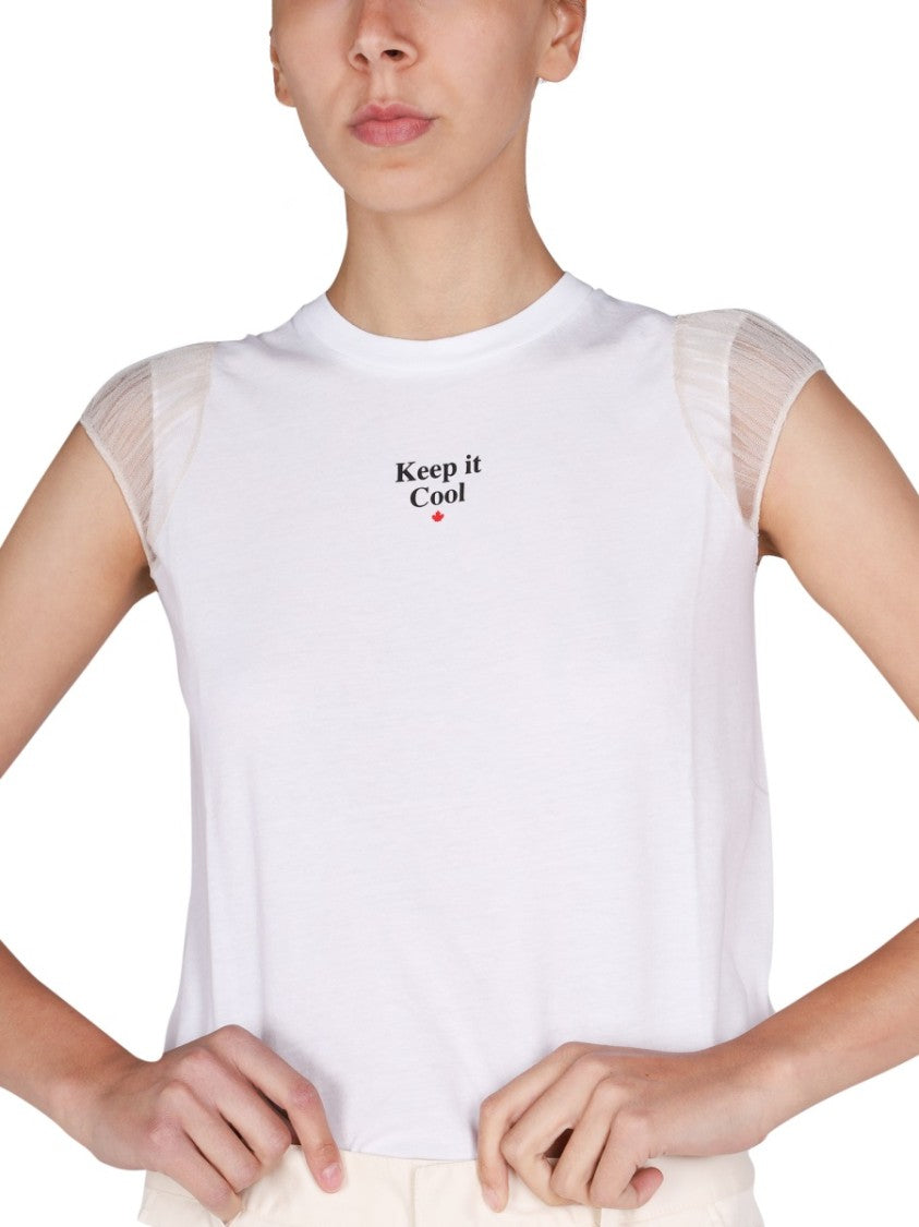 White T-Shirt With Sheer Mesh Sleeves