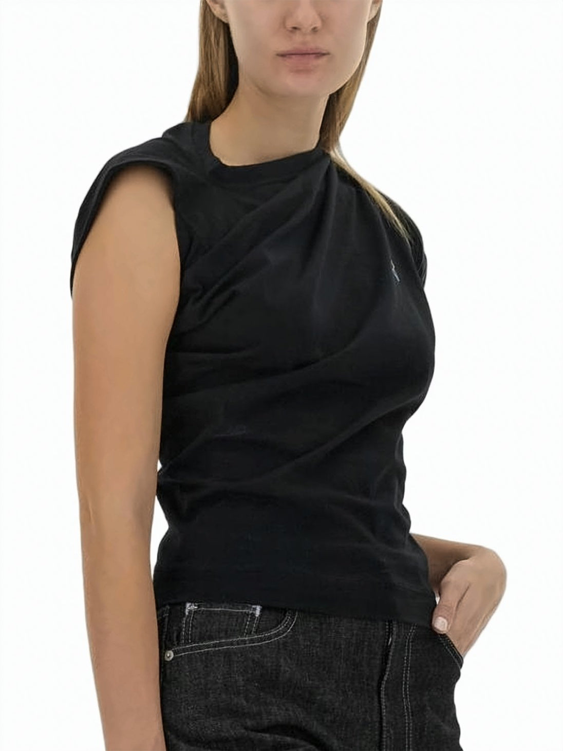 Structured Black Short-Sleeved Top with Padded Shoulders