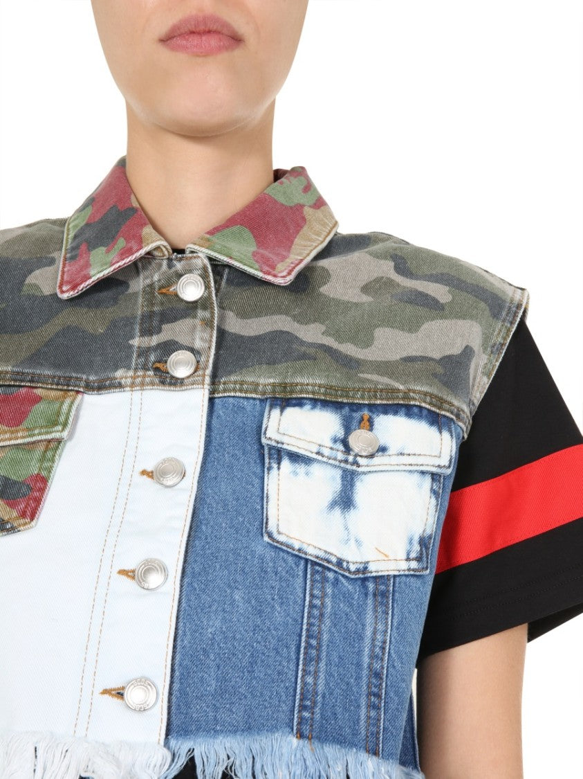 Cropped Denim Vest With Patchwork Design