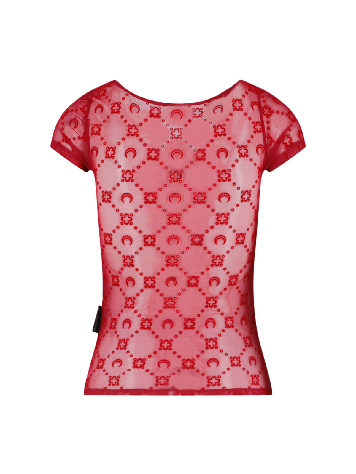 Red Moonogram Flocked Mesh Fitted Top