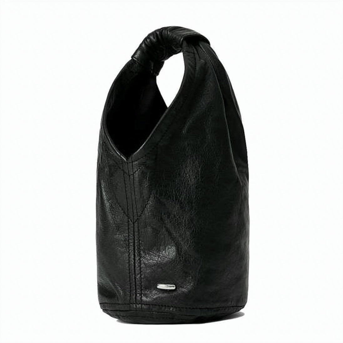 Cylindrical Black Leather Bag With Gathered Handle