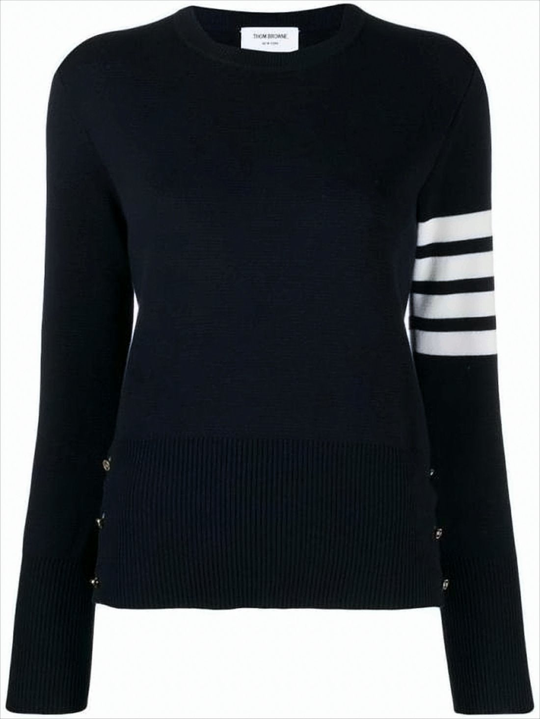 Black Cotton Sweater with Striped Detailing and Button Accents