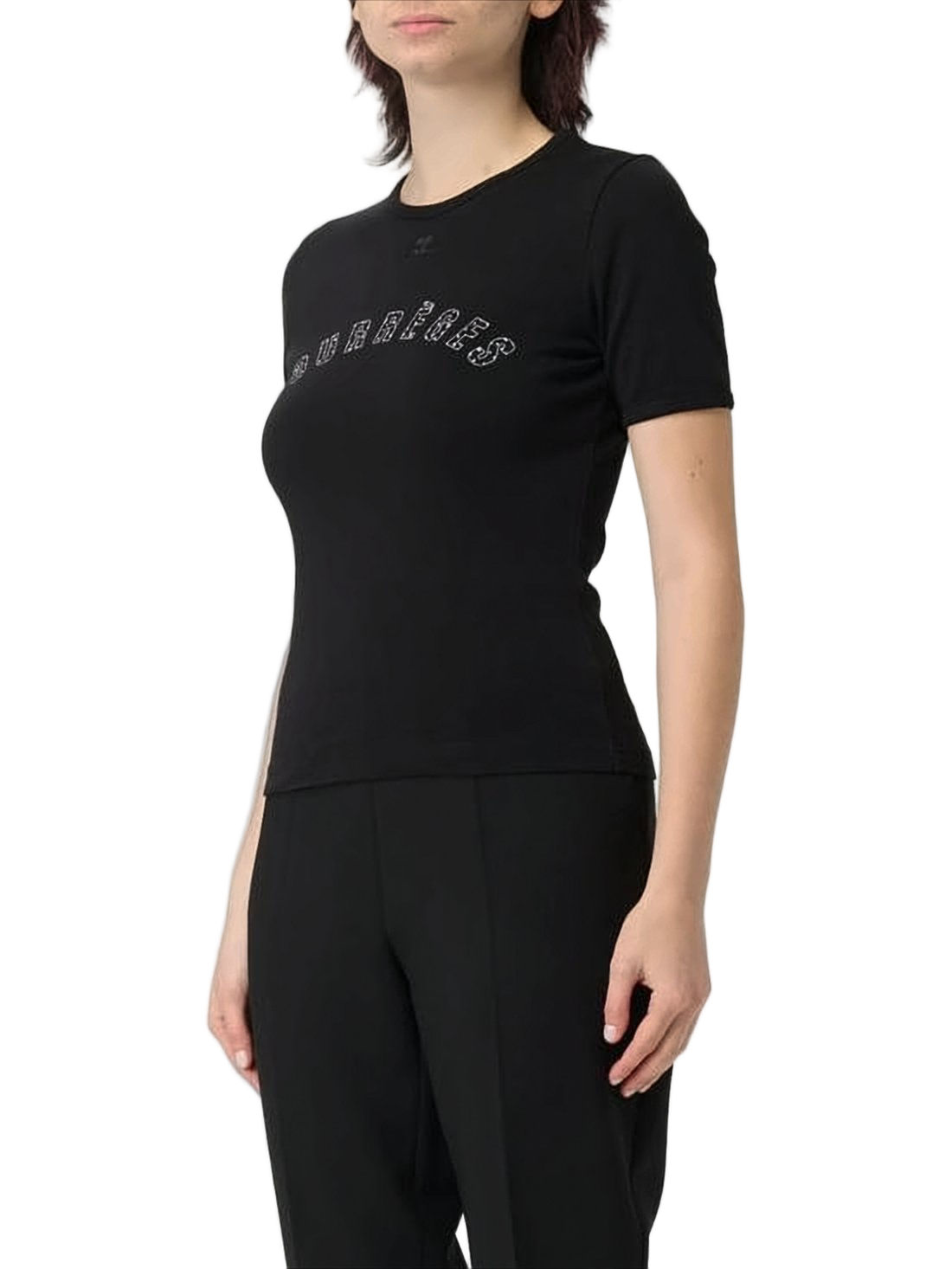 Fitted Black T-Shirt with Curved Logo Detail