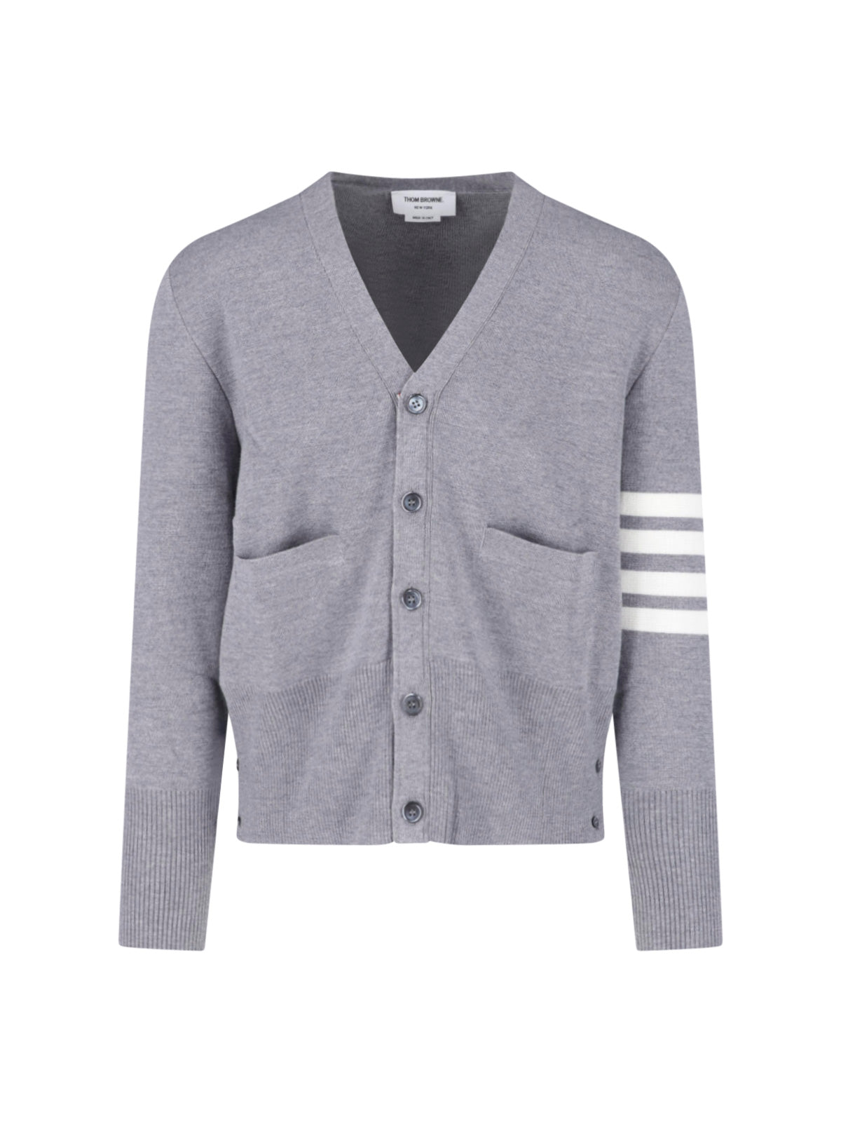 V-Neck Grey Cardigan Sweater with Button-Down Front and Signature Stripes