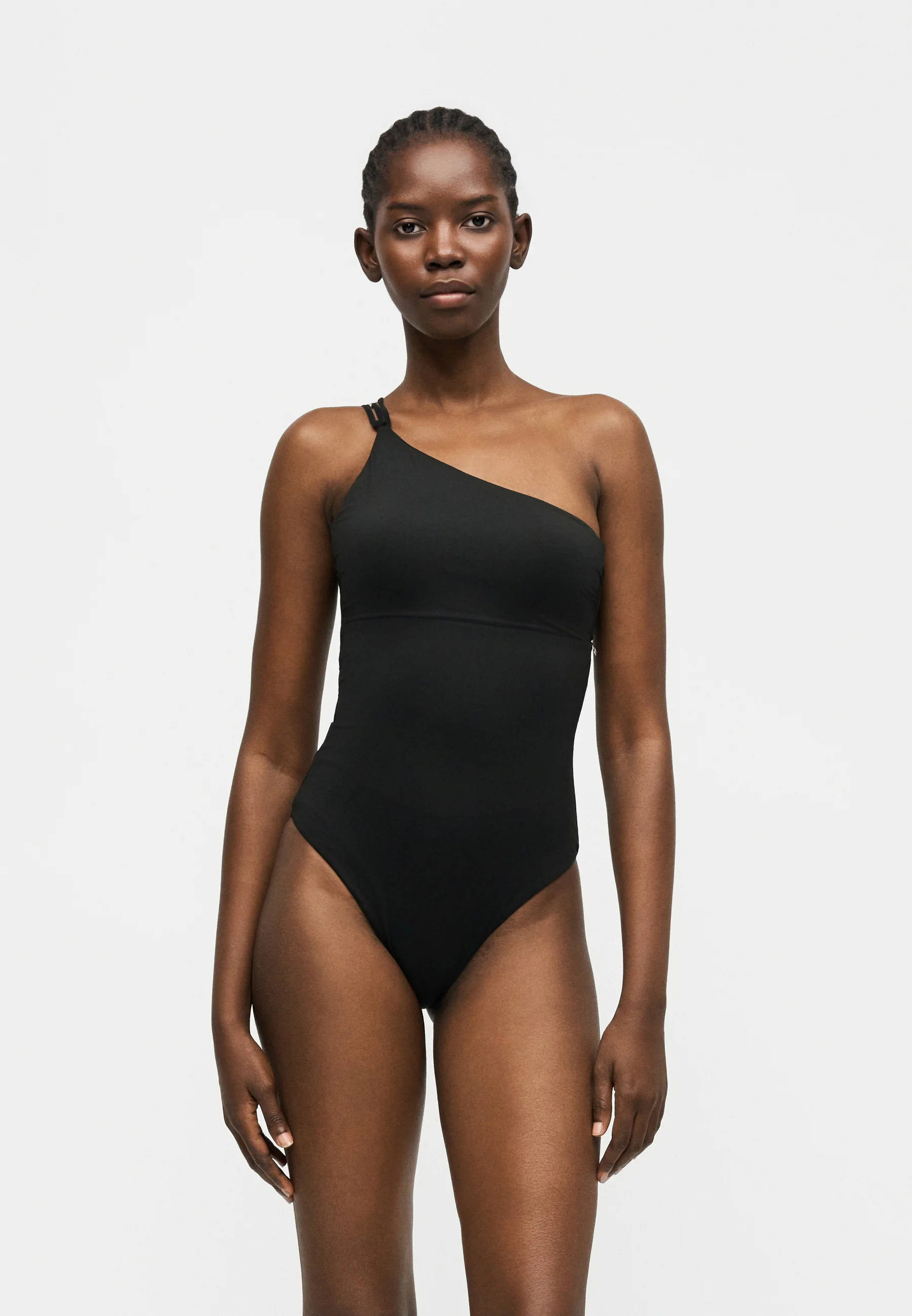 Asymmetrical One-Shoulder Black Swimsuit with Metallic Accents