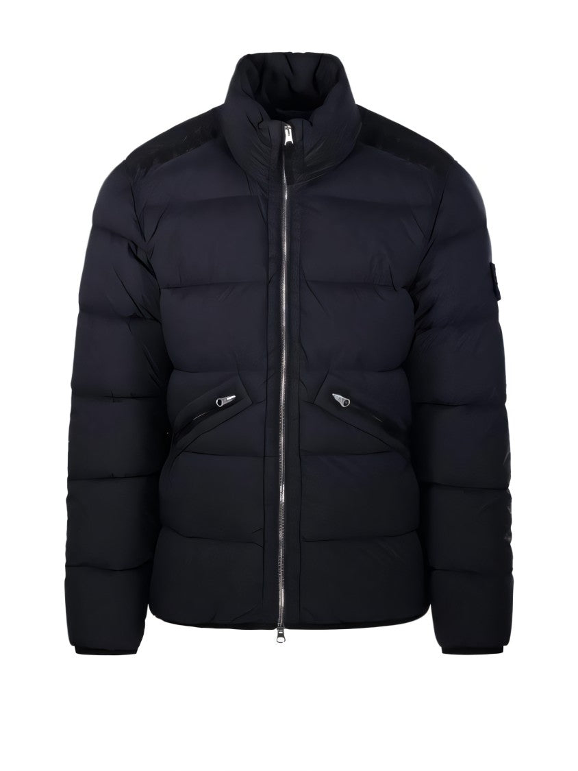 Quilted Black Padded Jacket With High Collar And Logo Patch
