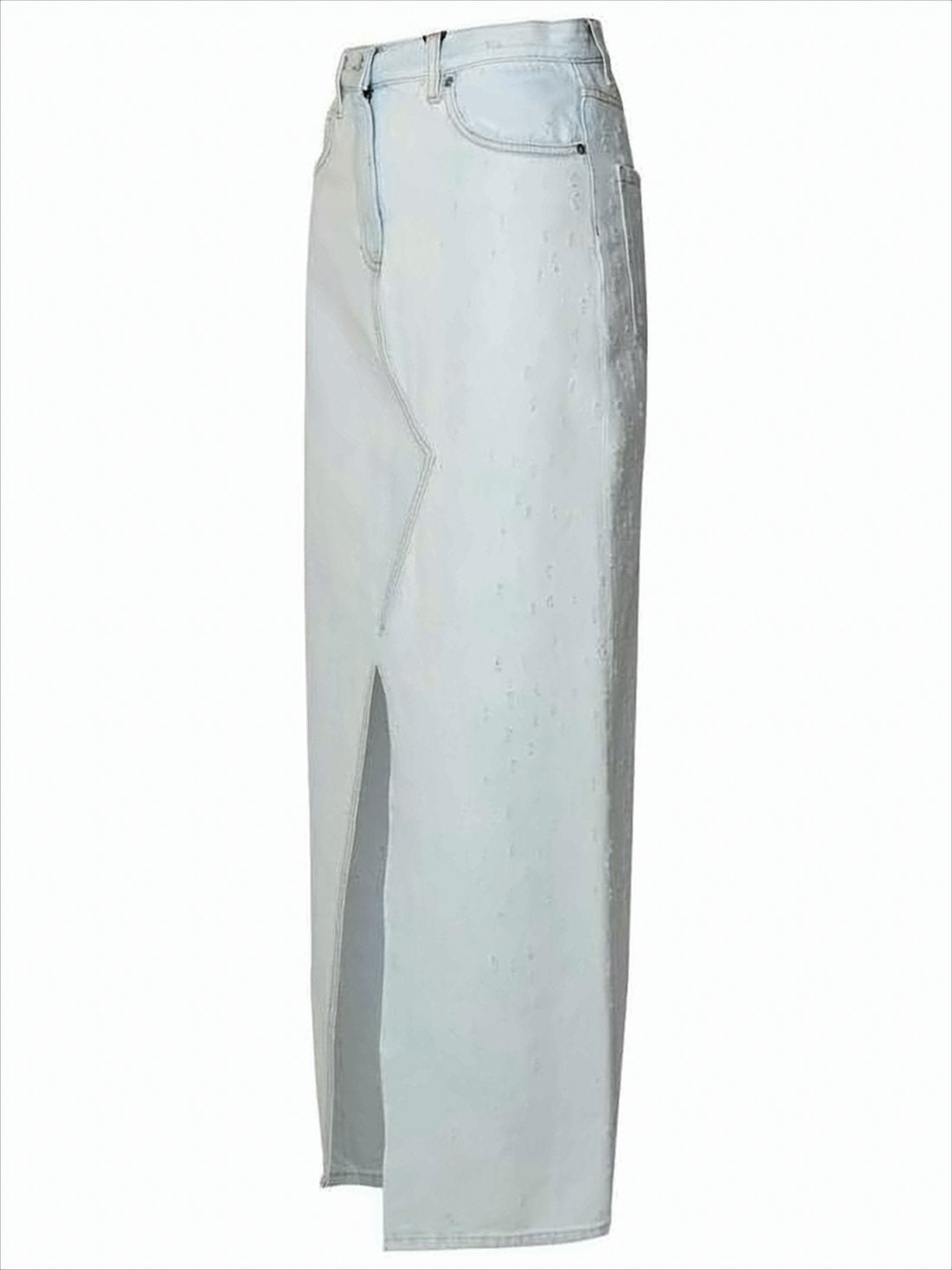 Asymmetrical Blue Denim Midi Skirt with Textured Dots and Five-Pocket Design