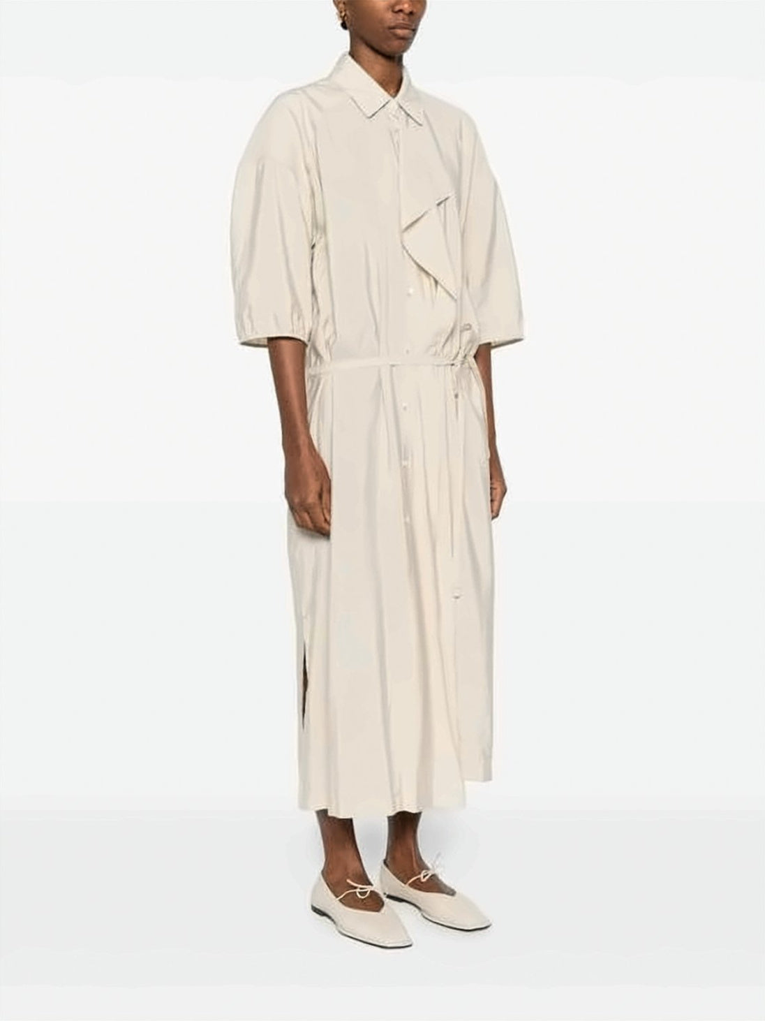 Asymmetrical Silk Blend Midi Dress With Puffed Sleeves