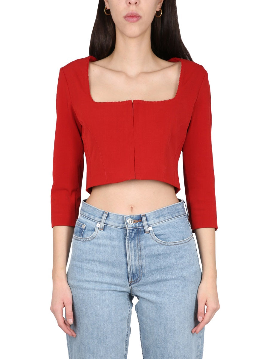 Cropped Red Long Sleeve Top With Square Neckline