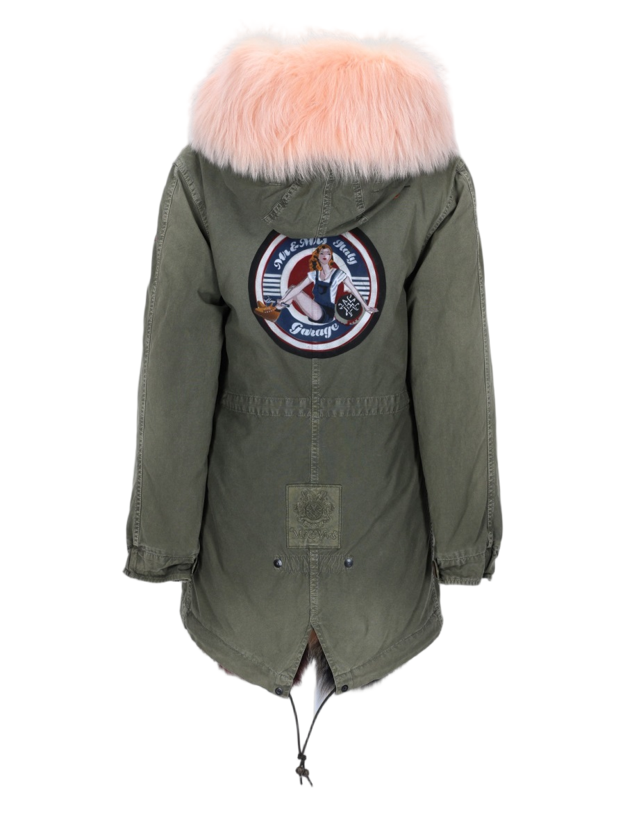 Classic Military Green Cotton Parka With Fluffy Pink Fur Collar