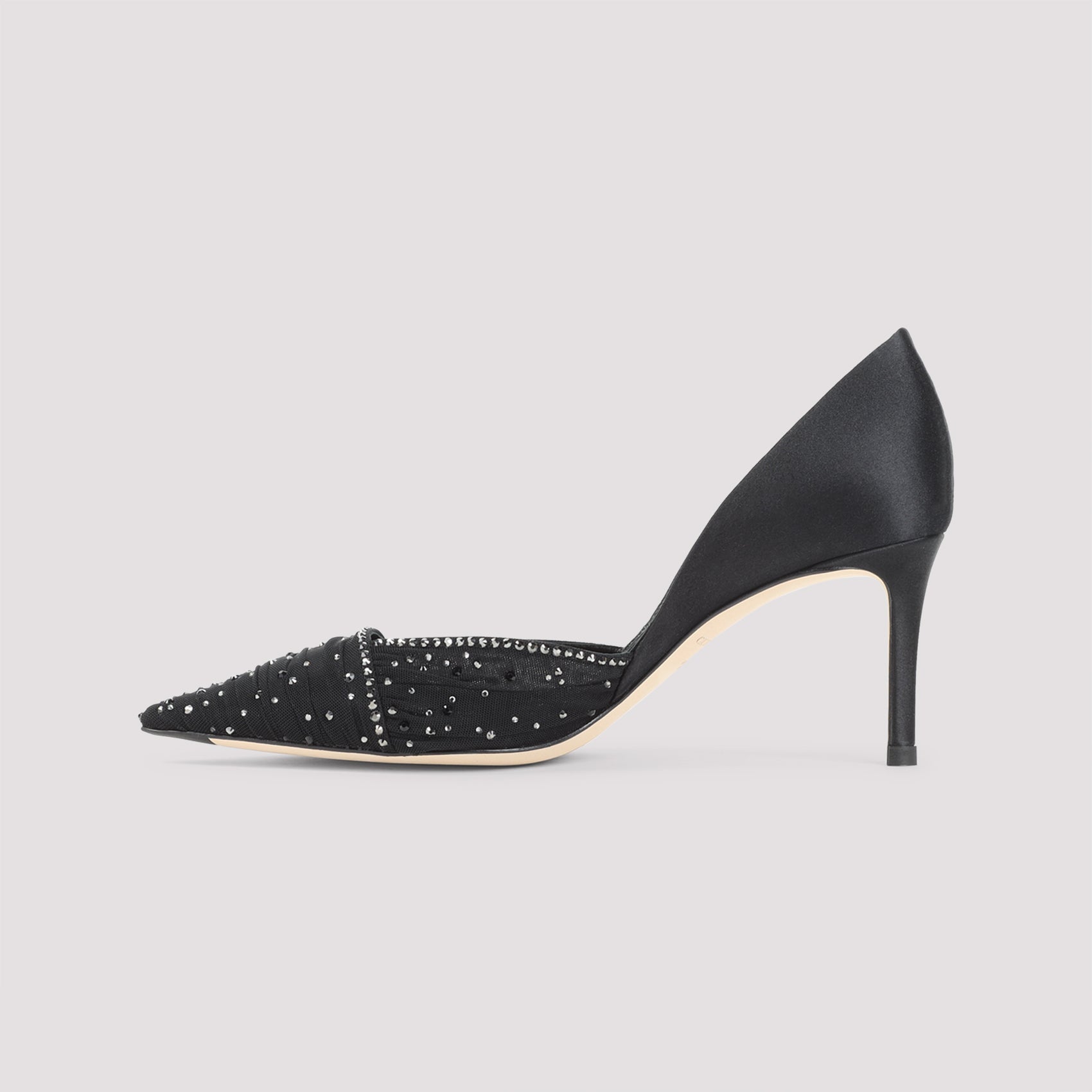 Pointed-Toe Black Pumps With Pleated Design And Sparkling Embellishments