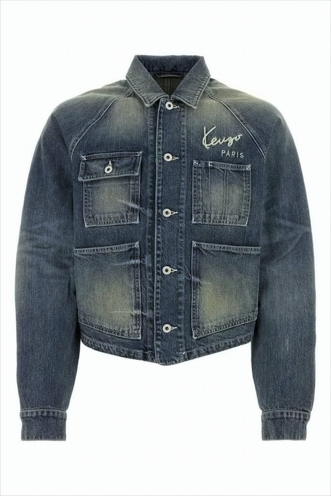 Faded Wash Denim Jacket With Distressing And Embroidered Branding