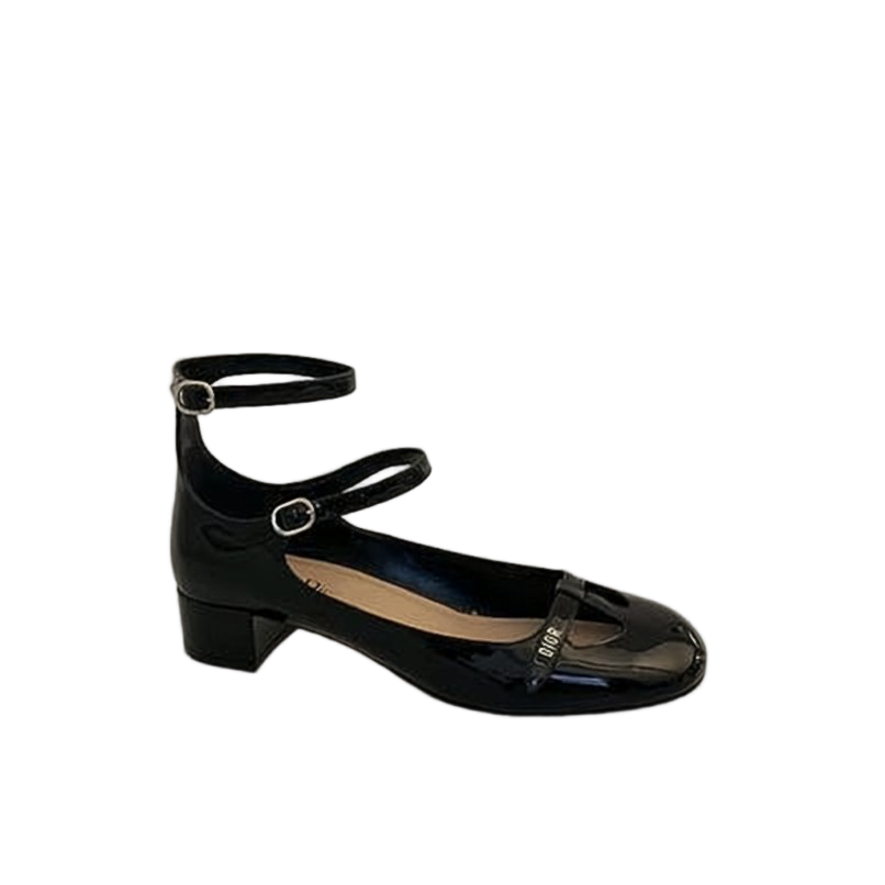 Black Patent Leather Sandal with Low Block Heel and Ankle Straps