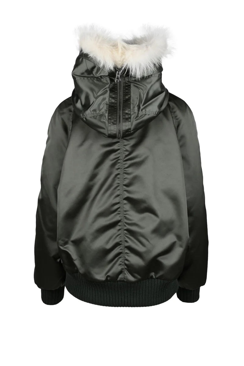 Padded Bomber Jacket Fur Hood - Military Green