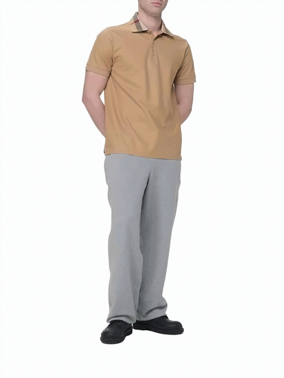 Short-Sleeved Polo Shirt with Check-Patterned Collar and Side Slits
