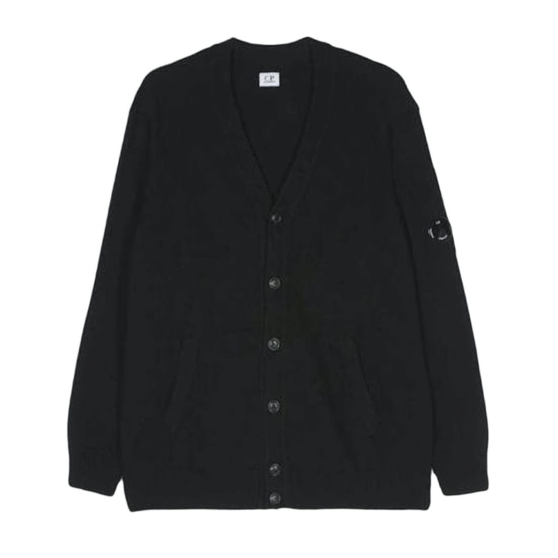 Minimalist Black Button-Up Cardigan With V-Neckline And Subtle Patch Detail