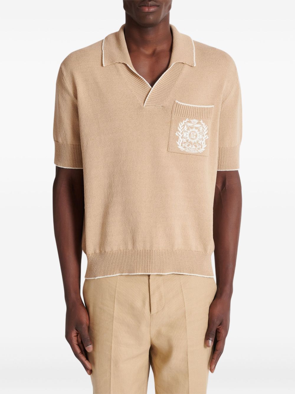 Embroidered Logo V-Neck Beige Knit Polo Shirt