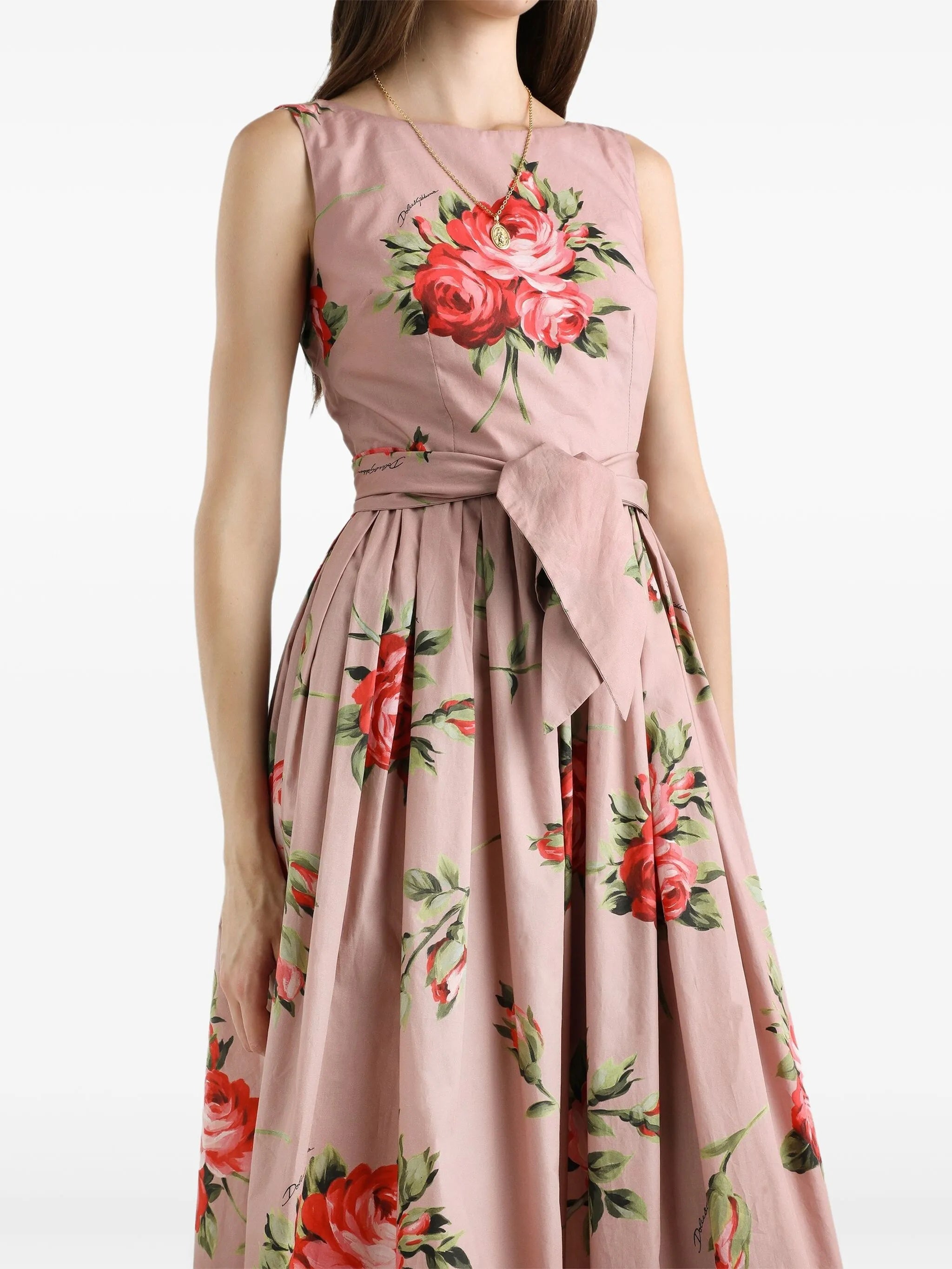 Sleeveless Midi Floral Pleated Cotton Dress