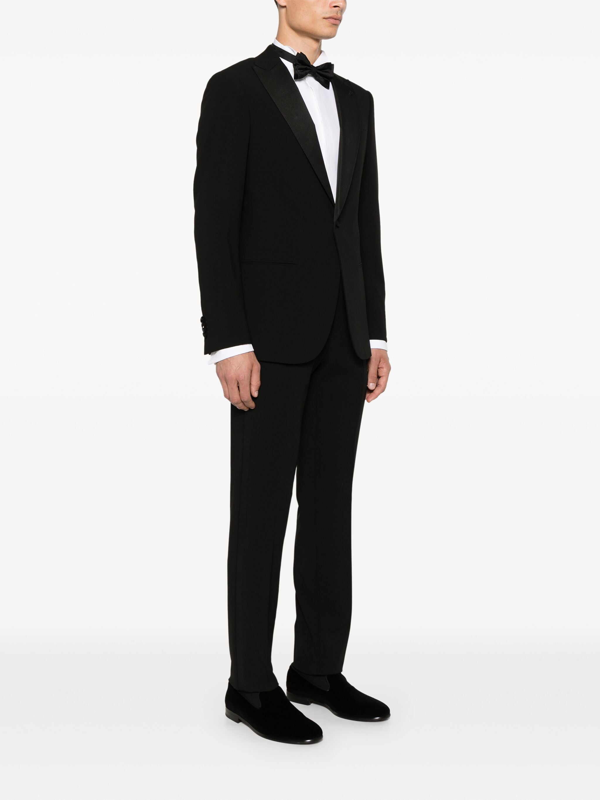 Single-Button Black Satin Peak Lapel Tuxedo