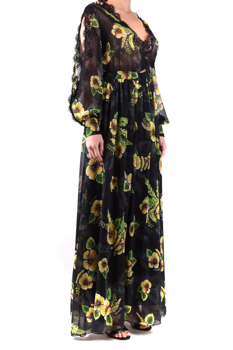 Maxi Dress With Floral Print And Sheer Lace Details
