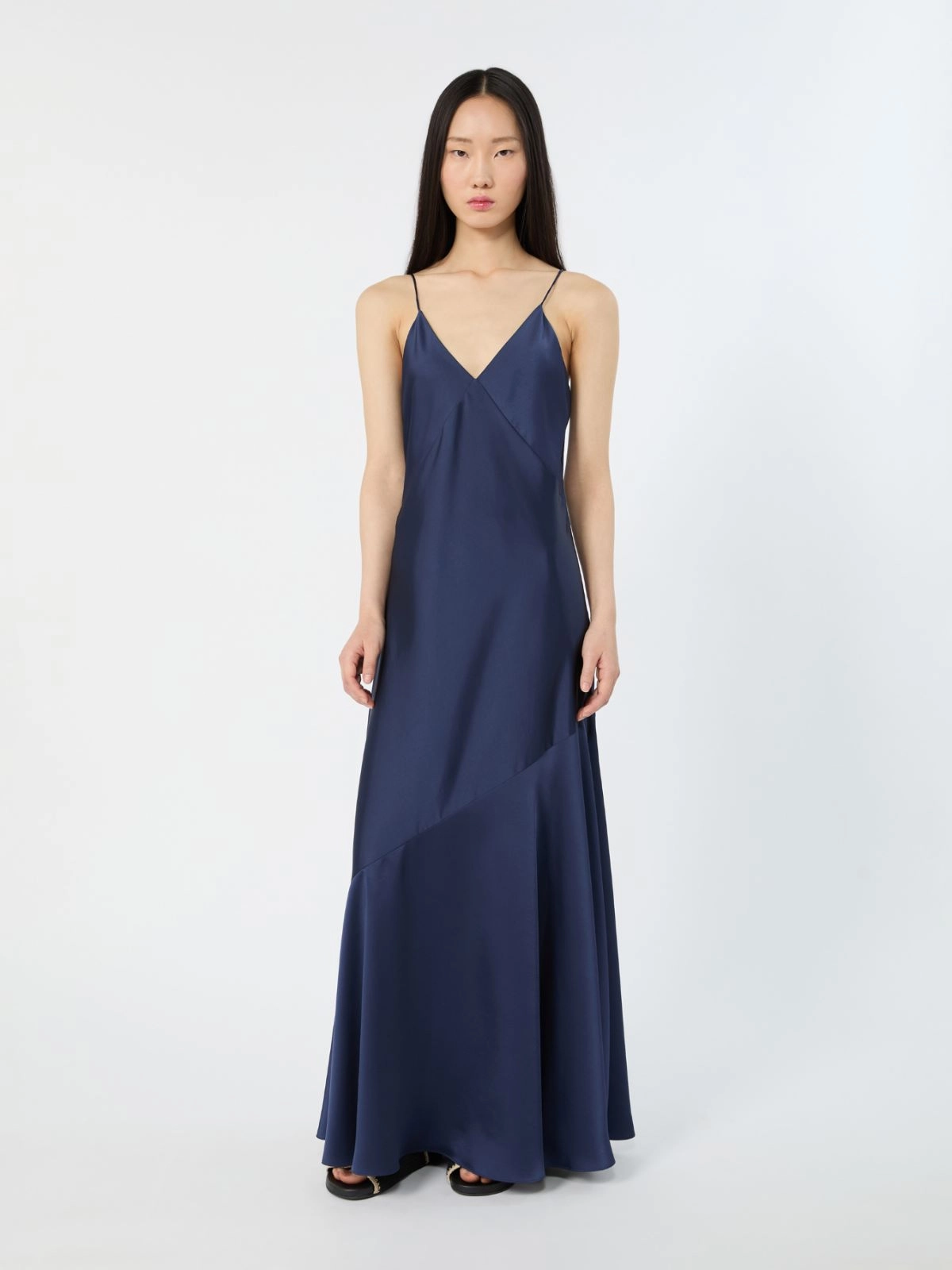 Asymmetrical Deep Navy Maxi Dress with Draped Overlay