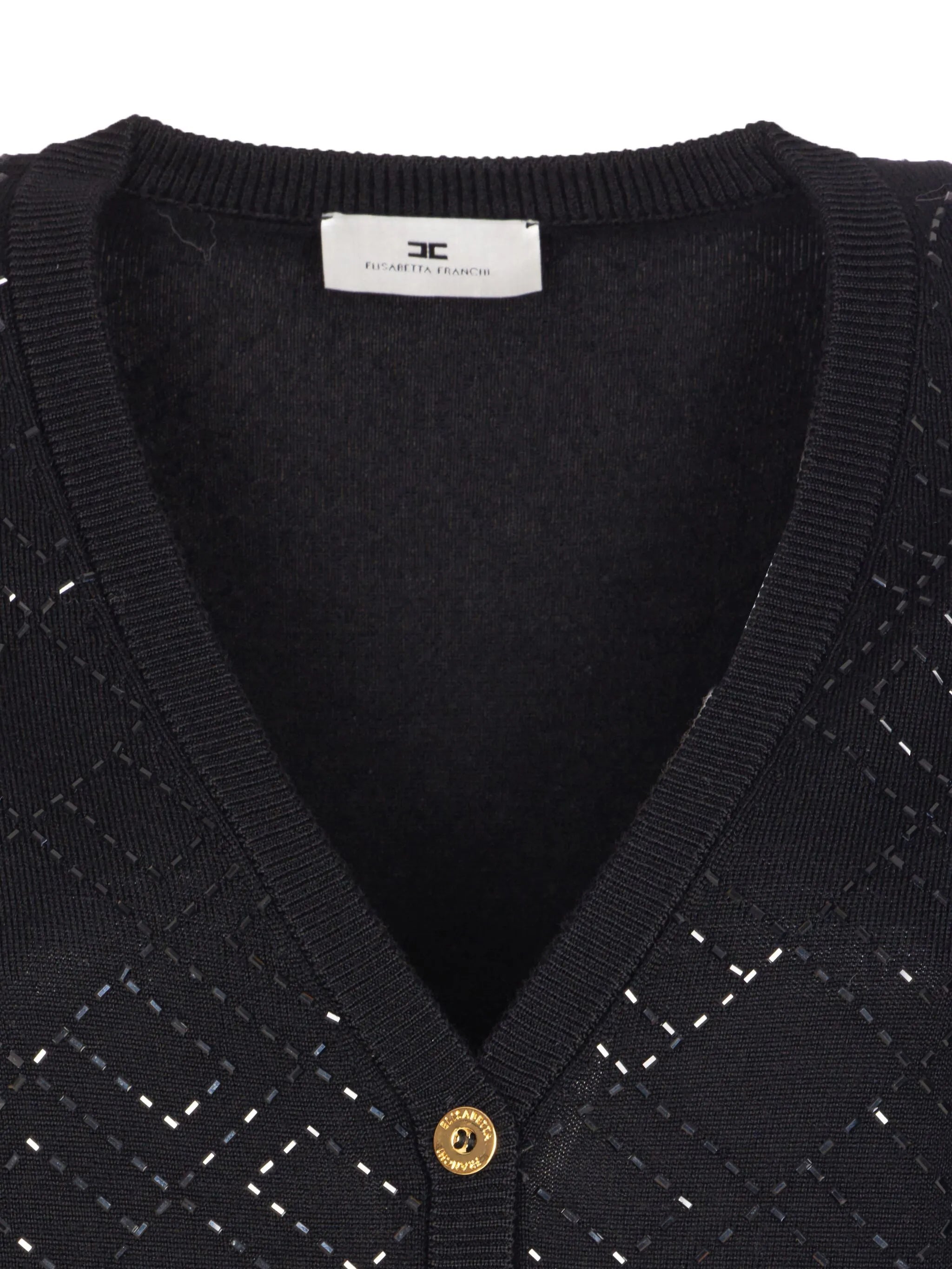 Diamond-Pattern Black V-Neck Knit Cardigan