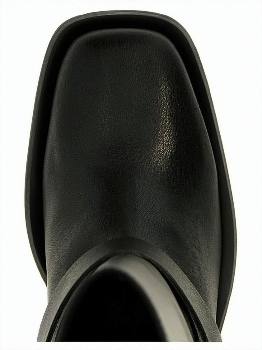 Mid-Calf Leather Boots with Decorative Strap and Buckle Detail