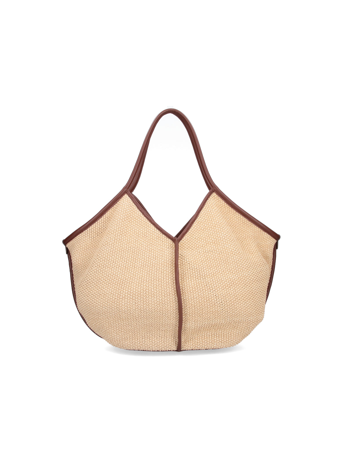 Beige Woven V-Neck Texture Tote Bag