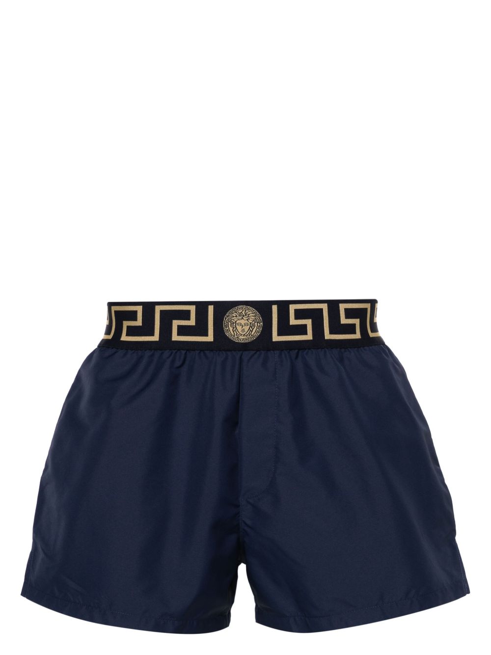Navy Silk-Nylon Swim Shorts With Greek Key Waistband