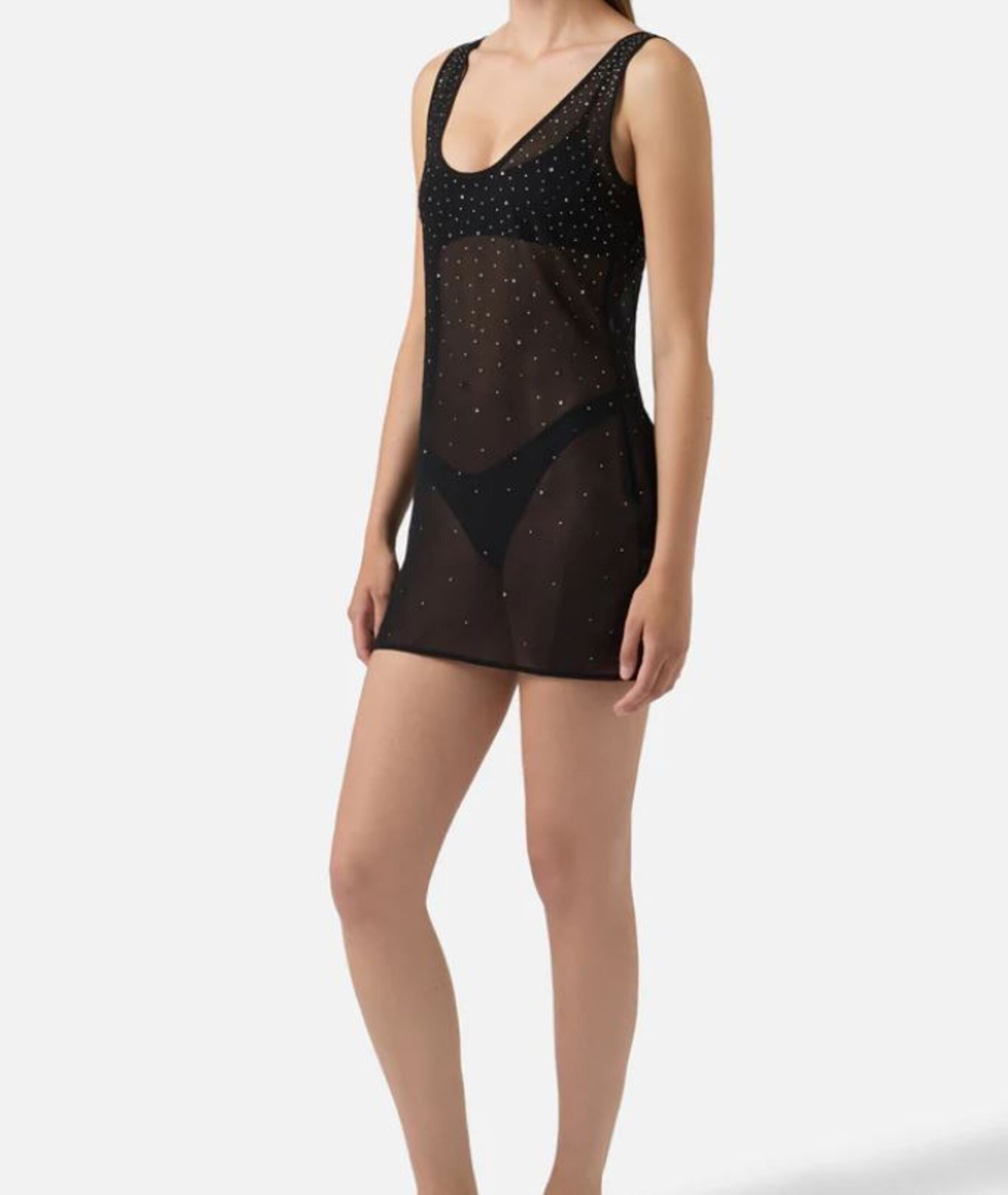 Sheer Black Mini Dress with Sparkling Embellishments