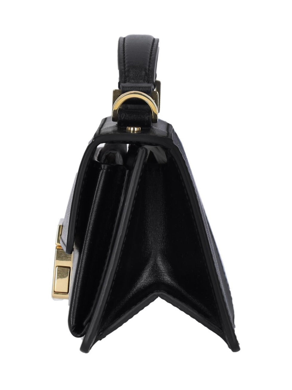 Structured Black Leather Handbag With Gold-Tone Logo Plaque