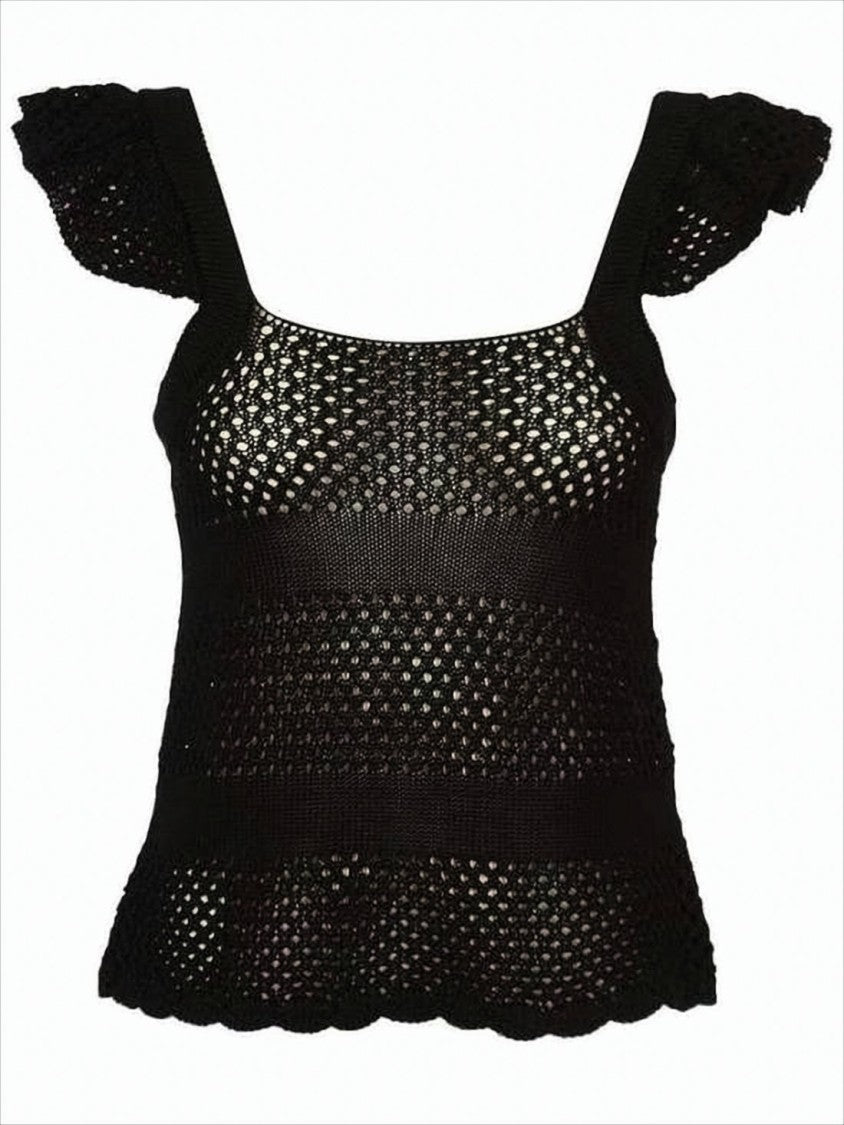 Delicate Open-Knit Sleeveless Top with Ruffled Detail