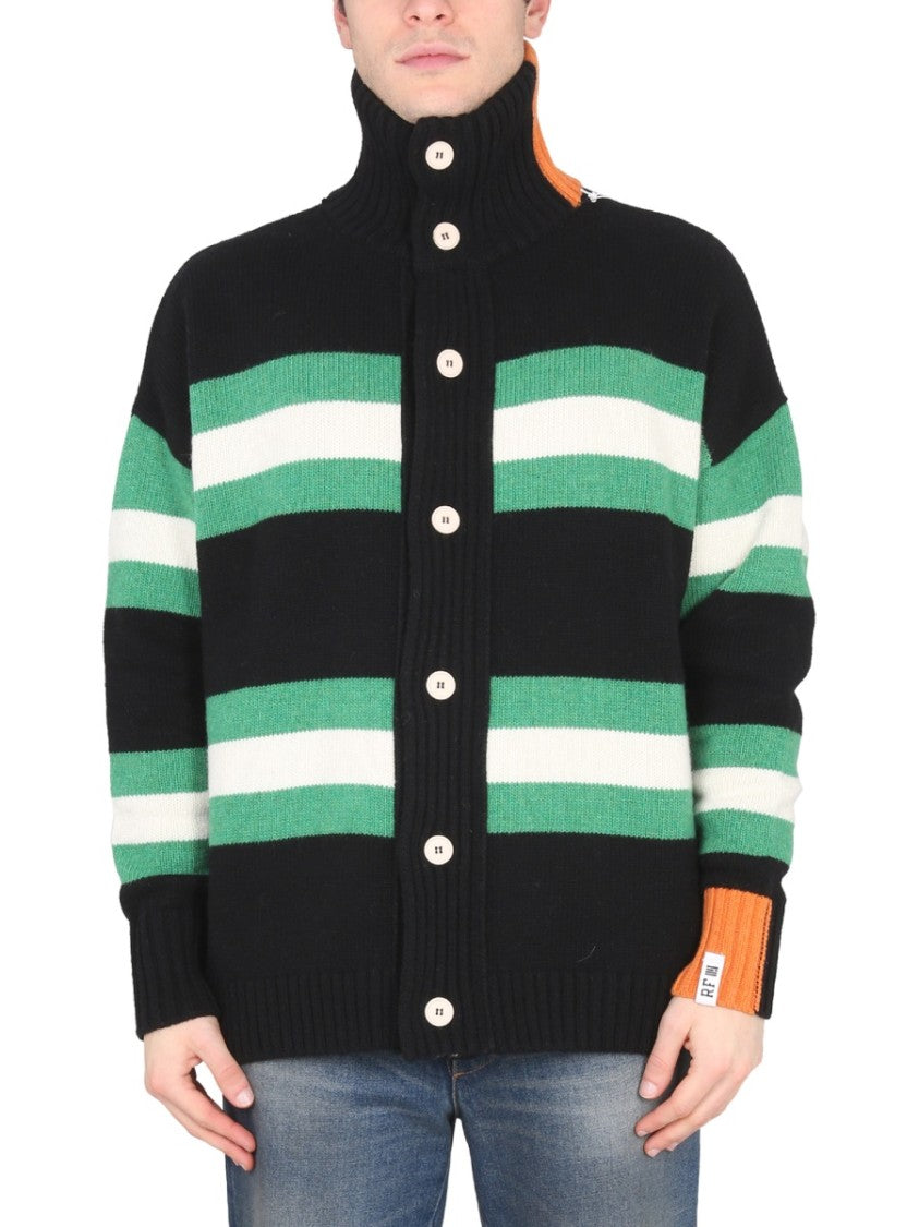 High Neck Button Closure Striped Cardigan