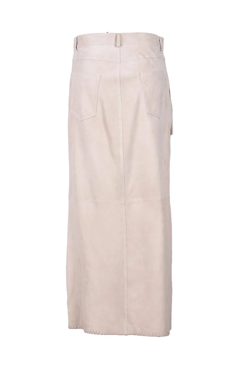 Long Suede Leather Skirt - Beige
