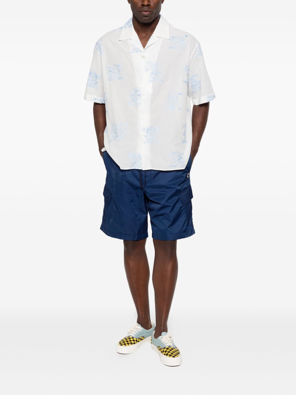 Short-Sleeve Camp Collar Shirt In White Silk-Nylon Blend