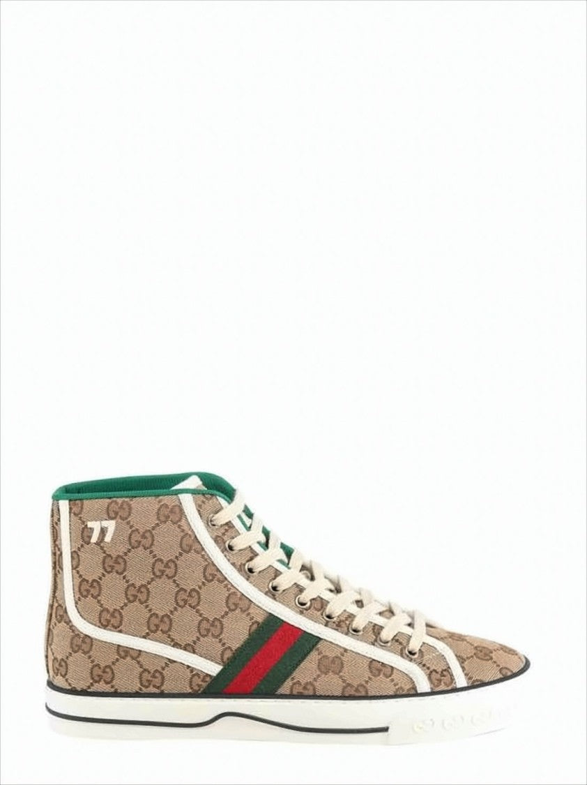 Beige Canvas High-Top Sneakers with Monogram