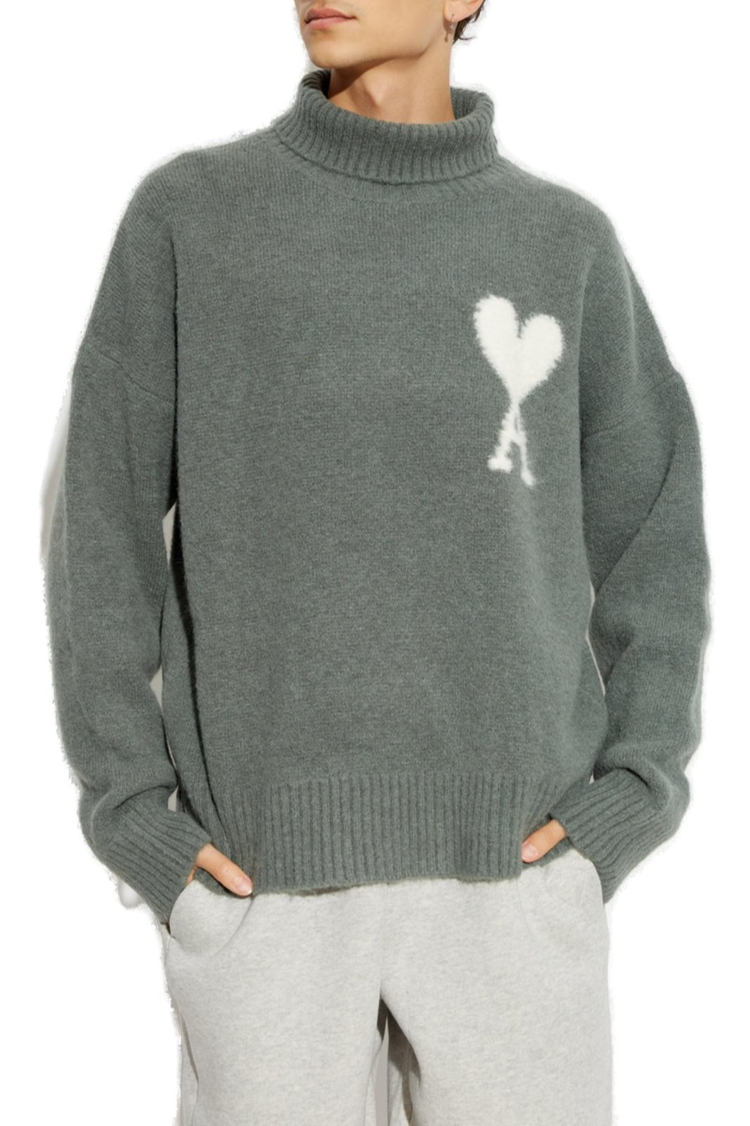 Grey Turtleneck Sweater With Ribbed Details And Heart Logo