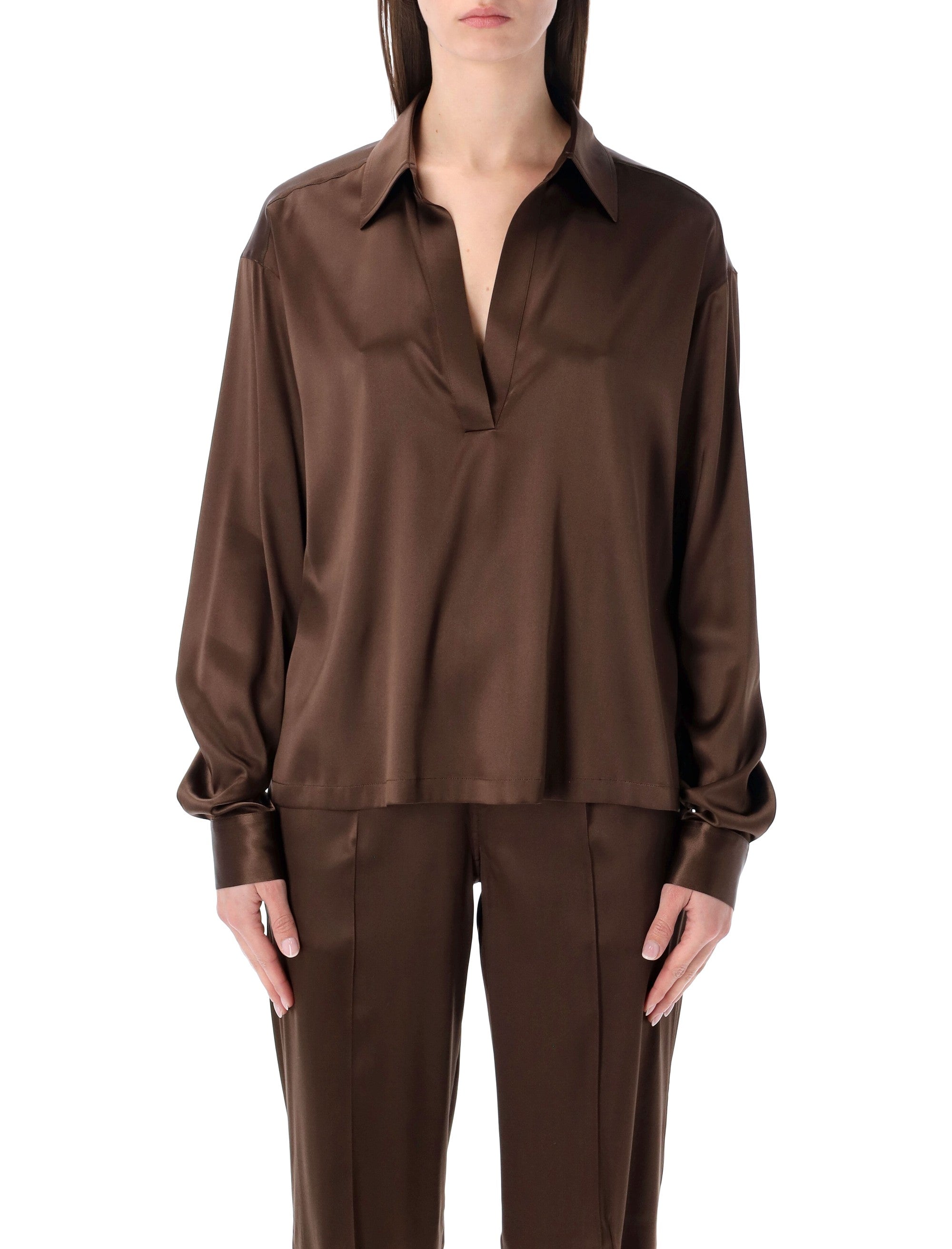 Cinnamon Silk Satin Long-Sleeved Polo With Tonal Logo