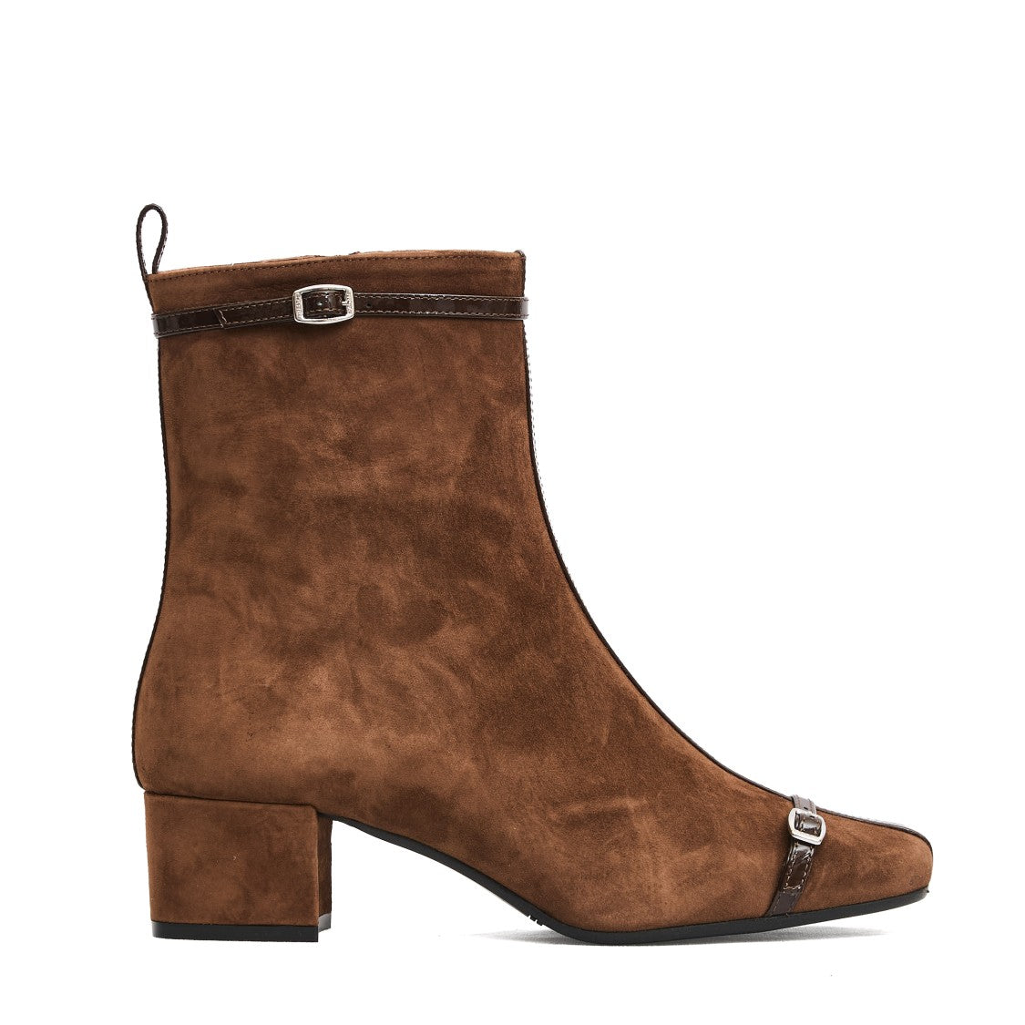 Brown Suede Ankle Boots With Decorative Buckled Straps